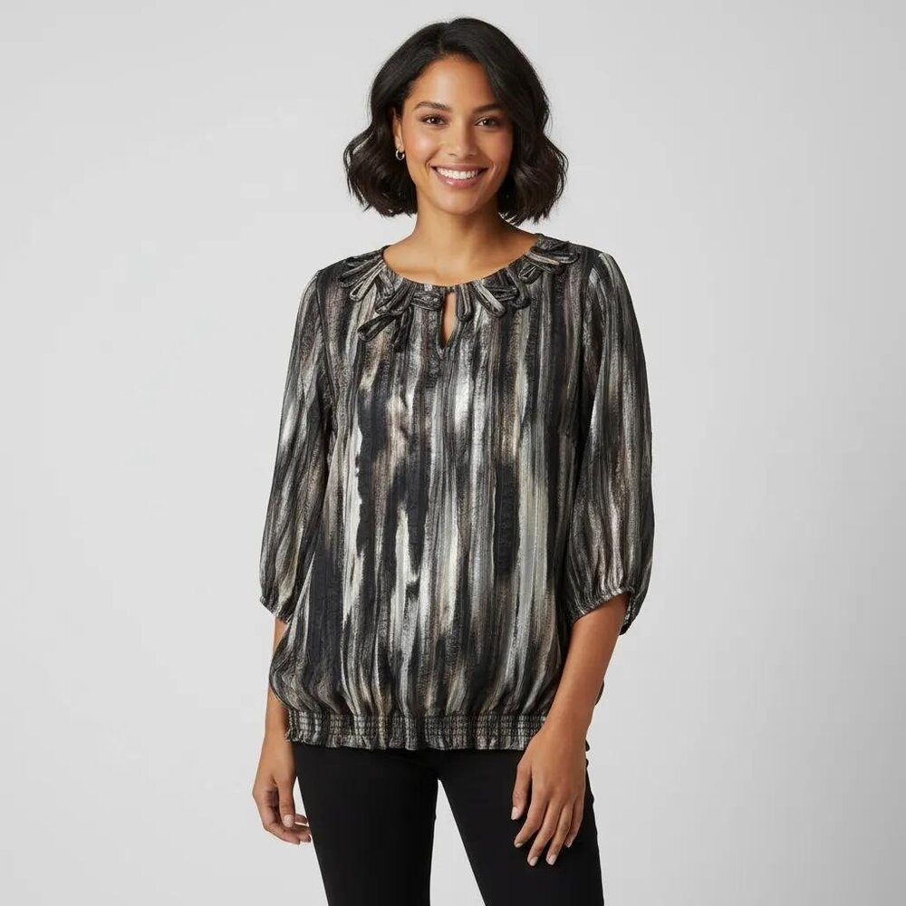 Chicos Women's Metallic Luxe Sheer 3/4 Sleeve Crinkled Blouse Size XL